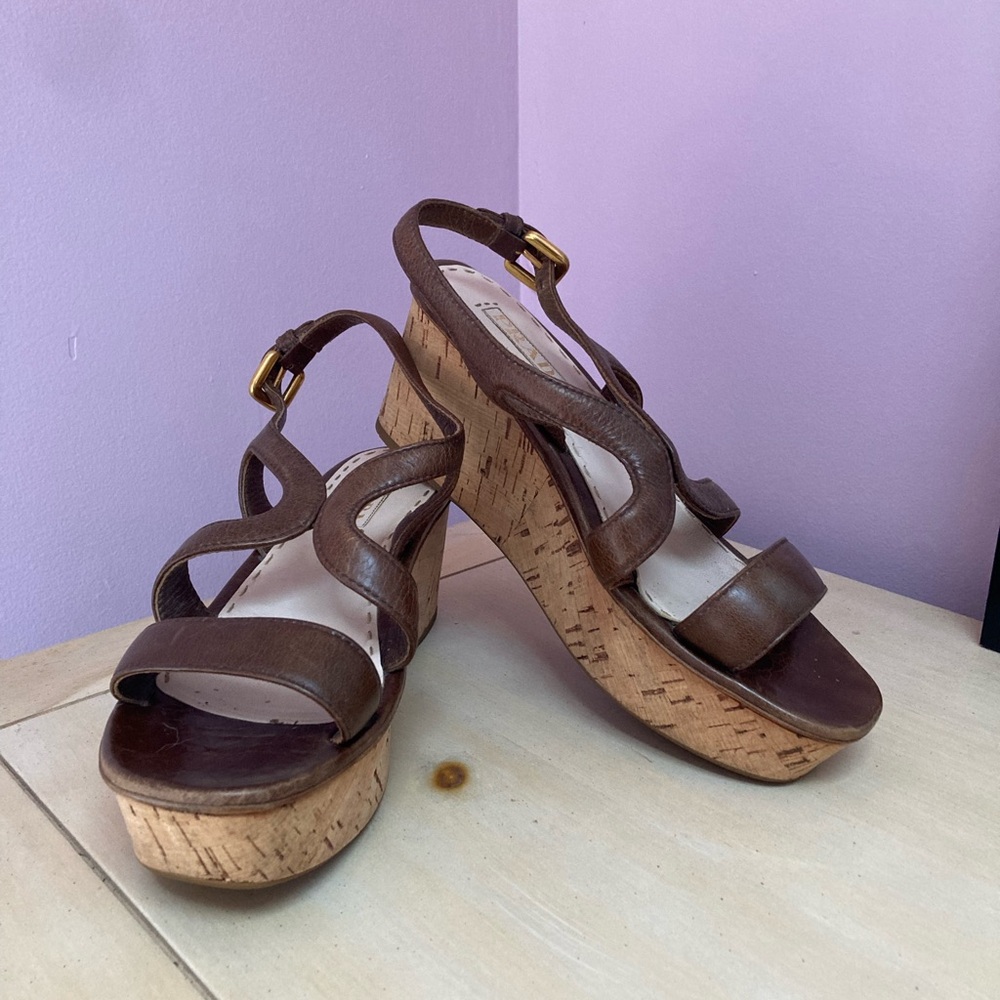Prada Tan Leather Cork Wedges